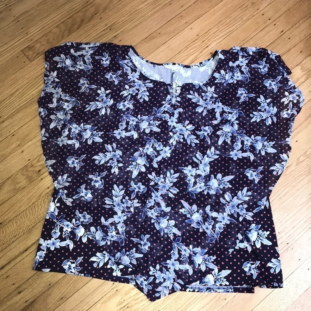 Notations Plus Size 3X Floral Polka Dot Chiffon Top Short Sleeve Blouse